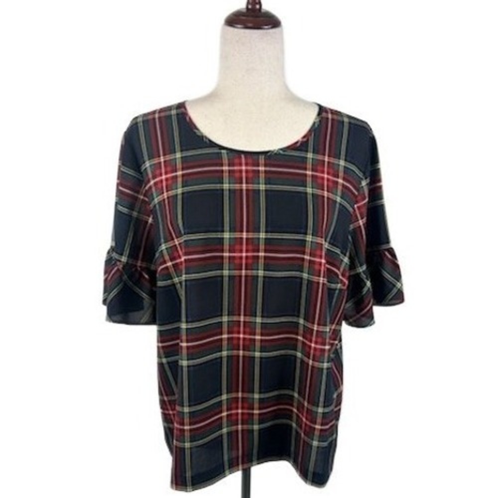 J. Crew Plaid Tartan Top Ruffle Sleeve Career Casual‎ Blouse Size Large